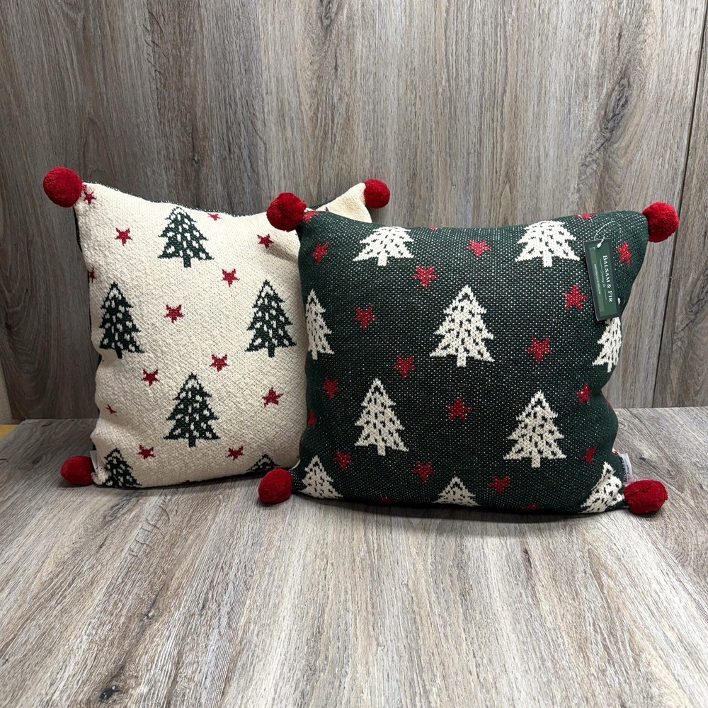 NEW Balsam Fir Pillow Covers Christmas Trees Stars  20"x20" Red Green Set of 2